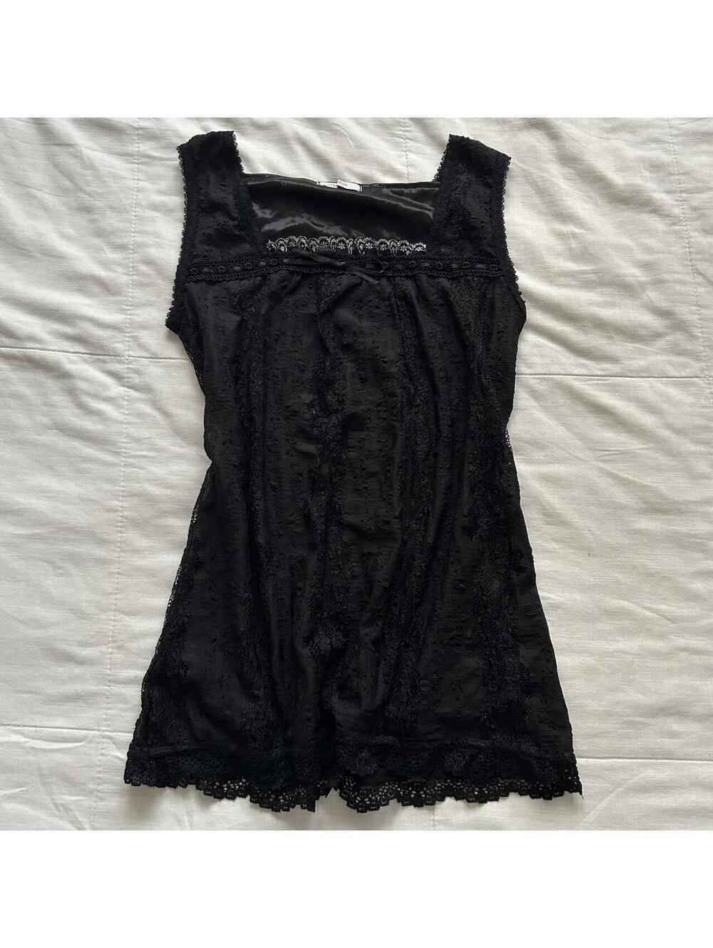 Axes Femme Black Floral Lace Tunic Top Square Neck Ribbon Bow M Japan